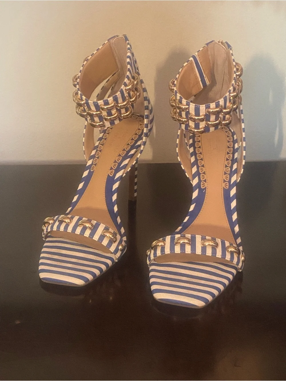 Striped Ankle-Strap High Heel Sandals in Blue and Cream